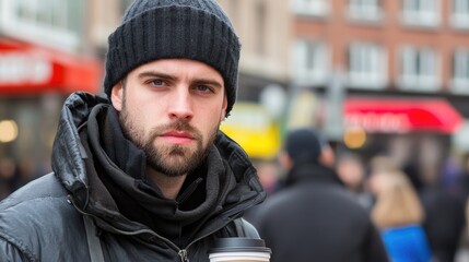 Man holding coffee urban street portrait photography busy city life close-up view lifestyle concept