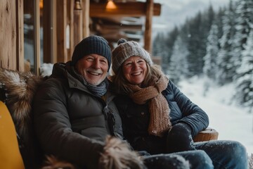 Obraz premium Happy senior couple smiling and relaxing in winter mountain chalet balcony
