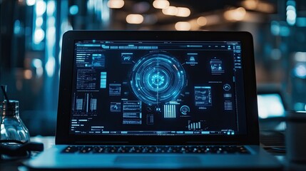 Futuristic data analysis on laptop with interactive holographic interface