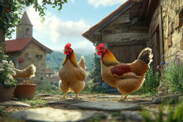 Chickens wander freely around a picturesque farmhouse yard. The natural setting features rustic buildings, colorful flowers, and vibrant greenery under a bright sky