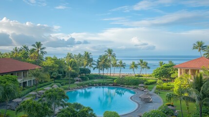 Fototapeta premium Experience ultimate relaxation at luxurious beachfront resort with pristine pool and breathtaking ocean views