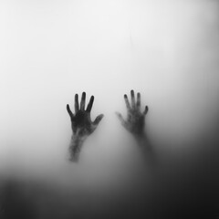 Eerie Hands Reach out Through Foggy Glass, Creating a Mysterious and Unsettling Atmosphere