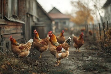 Chickens wander around a rustic farmhouse yard, surrounded by weathered buildings and autumn foliage, creating a lively and natural atmosphere in vibrant detail