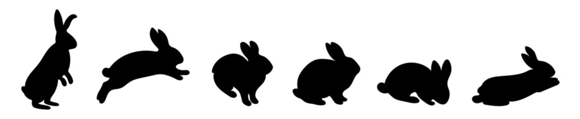 Rabbit silhouette set. Easter bunnies isolated on white backdrop. Cute animals, rabbits in different poses. Simple black hares icons.