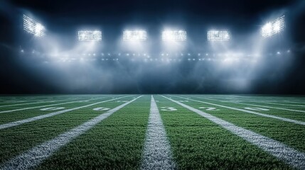 Wide view of American football field with bright stadium lights shining through mist.