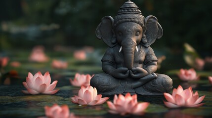 Fototapeta premium Serene setting with a sculpture of Ganesha surrounded by lotus flowers