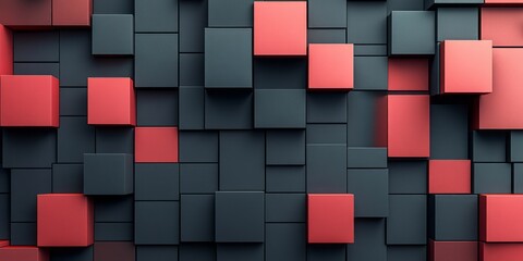 An abstract arrangement of red and dark gray cubes