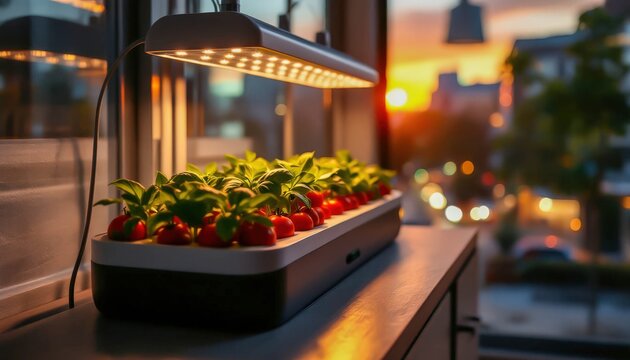 Hydroponic indoor tomato garden with LED grow lights in a modern home setting during sunset