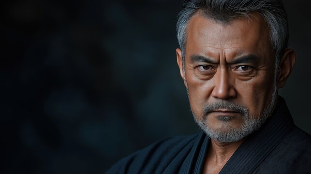 Dramatic close-up portrait of asian seasoned martial arts master in focus - Powered by Adobe