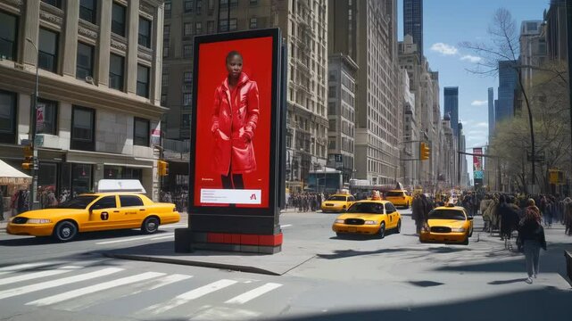NYC Street Fashion Ad: Red Coat Model on Billboard