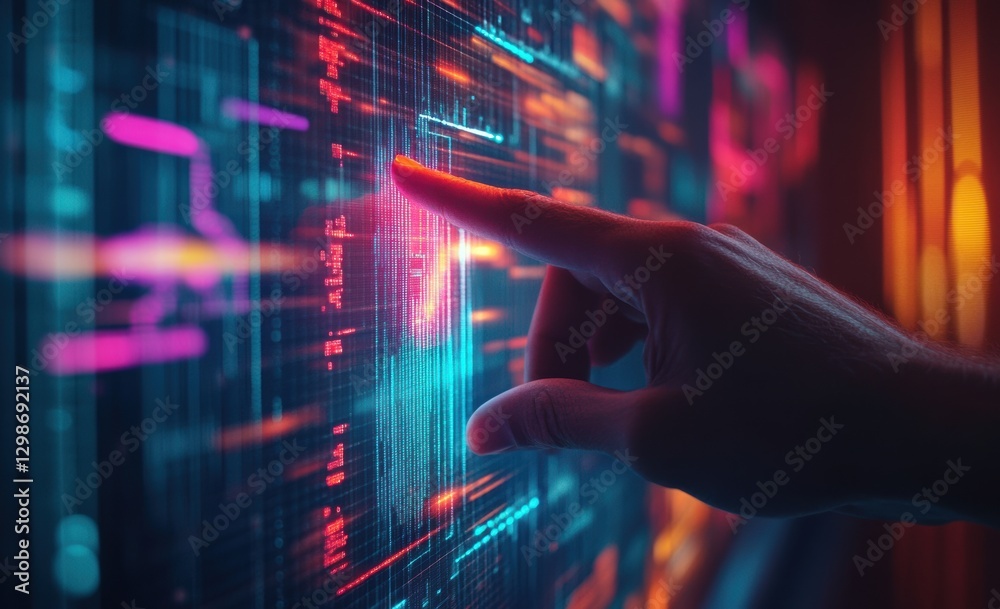 Poster Software engineer touching futuristic digital screen with ai icon and data curves