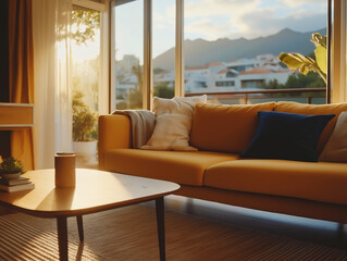 Sunlight illuminating cozy living room with yellow sofa and coffee table