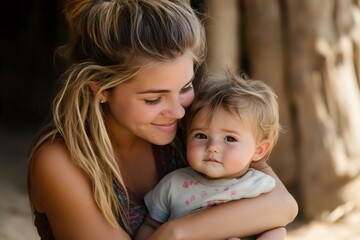 Obraz premium Young mother embracing her baby with tenderness and love