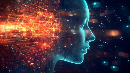 Abstract Digital Face Artificial Intelligence Network Orange Blue Technology Futuristic Cyberspace Modern Data Innovation Digital Art Concept Neural  