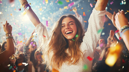 Obraz premium Enthusiastic young woman dancing at concert with falling confetti