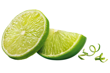 limão verde cortado acompanhado de raspas de limão isolado em fundo transparente