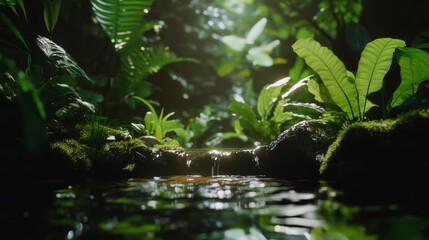 Hidden tranquility of a lush forest waterfall illuminated by soft sunlight. Generative AI