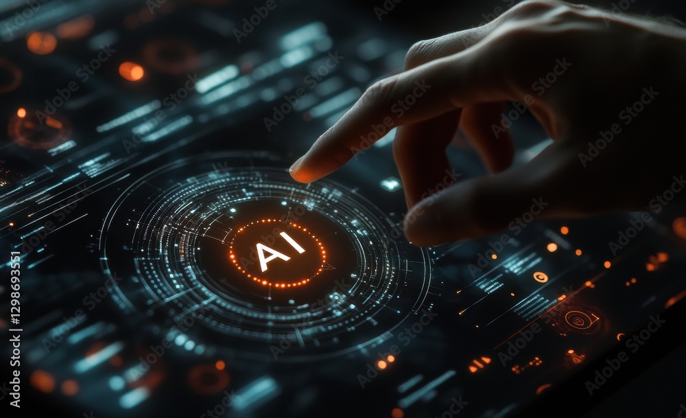 Poster Software engineer launching artificial intelligence program on futuristic interface