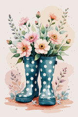 Teal Rain Boots with Flowers, Watercolor Illustration