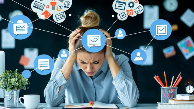 Overwhelmed Professional: A woman, seemingly buried beneath a mountain of responsibilities, expresses the weight of professional pressures. Icons of communication and tasks cloud her thoughts.