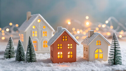 Fototapeta premium Miniature Winter Village with Snow and Warm Lights – Festive Holiday Scene