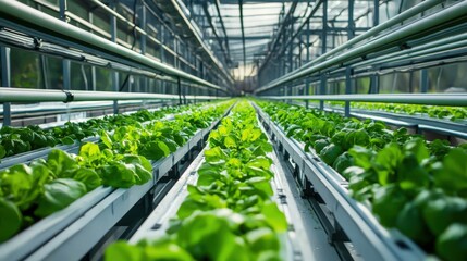 Modern hydroponic greenhouse with rows of fresh lettuce growing in controlled indoor farming environment