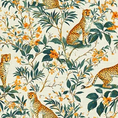 cheetah and leopards palm leaves tropical watercolor in the jungle seamless pattern background