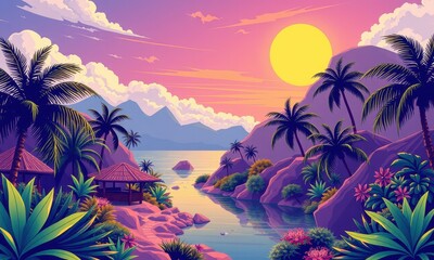 Illustrated tropical sunset landscape with palm trees, vibrant colors, and a serene beach hut by the water, surrounded by mountains and lush vegetation