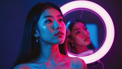 Neon Portrait: A Woman's Reflection in Pink and Blue Light