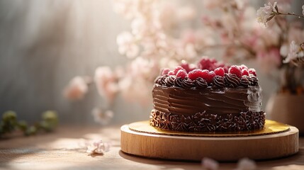 Indulgent chocolate cake adorned with vibrant raspberries. A tempting dessert for celebrations, capturing warmth and delight in every bite.