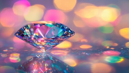 Colorful diamond resting on reflective surface amidst vibrant bokeh lights creating an enchanting and luxurious atmosphere perfect for digital designs