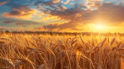 Obraz premium A beautiful golden wheat field illuminated by the warm light of the setting sun. The ripened wheat sways gently in the breeze under a stunning sky