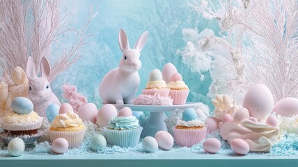 Easter Window Display with Bunnies, Cupcakes, and Eggs in Pastel Colors, Close-Up, Photorealistic, Hyper-Realistic, High-Resolution