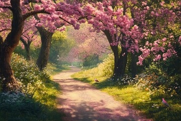 Fototapeta premium A scenic countryside path surrounded by blooming nature