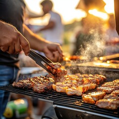 man grilling meat on outdoor barbecue