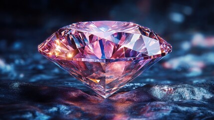 Brightly illuminated pink gemstone displaying intricate facets amidst a dark, reflective surface creating a mesmerizing play of light and color