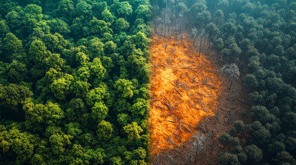 Obraz premium Top view of a partially deforested area. The left one shows a dense green forest, and the right one shows the area where the trees were cut down, leaving behind wood chips and charred earth.