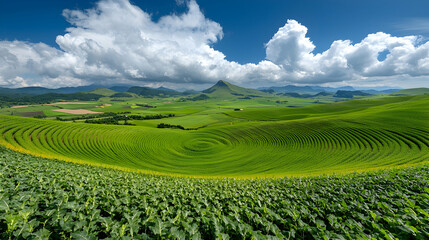 Hillside farm, terraced fields, green crops, sunny day, landscape