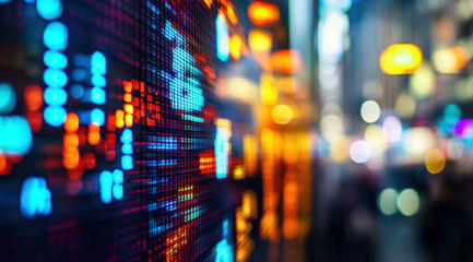 Fototapeta premium Colorful stock market display board shows active trading data, with numbers rising and falling amid a vibrant urban atmosphere at night