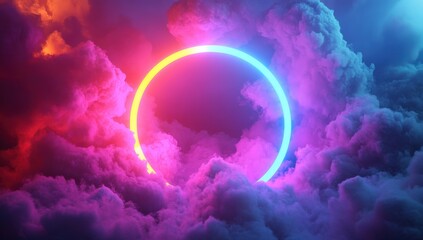 Obraz premium Colorful Neon Circle Surrounded by Vibrant Clouds in a Dreamlike Ethereal Atmosphere at Night with a Mystical Glow Effect