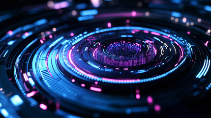 Complex circular technological core processing data with blue and purple lights