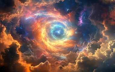 Enchanting vortex of vibrant cosmic energy hovering above clouds, mystical symbols and otherworldly phenomena, magical colors, ethereal atmosphere, breathtaking view