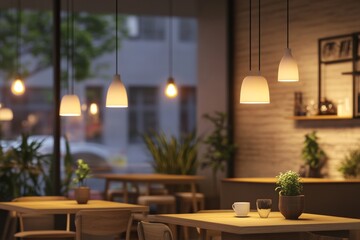 Warm lighting creates a cozy environment in this coffee shop, where wooden tables are arranged for guests to relax and enjoy their beverages amidst greenery