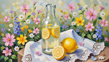 Lemonade bottle with condensation and lemon slices, spring picnic joy