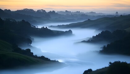 Fototapeta premium River winds through misty hills at dusk or dawn