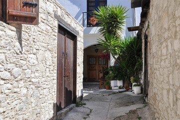 Charming Mediterranean alley with sunlit stone walls and lush potted plants lining the path. Features classic wooden doors and vibrant flower accents, perfect for warm, rustic architecture themes.