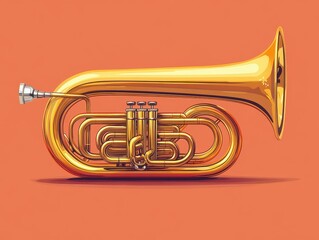 Obraz premium Vibrant Illustration of a Classic Brass Tuba on a Smooth Orange Background Showcasing Detailed Tubing and Glossy Finish in Profile View