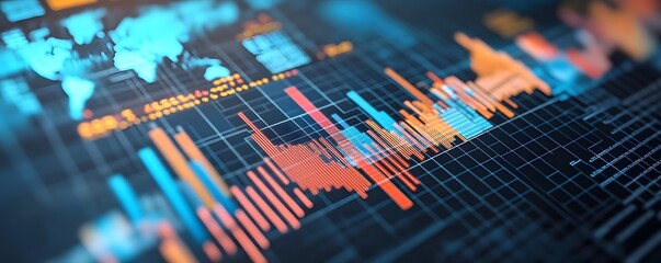 Colorful financial market analysis charts and world map are displayed