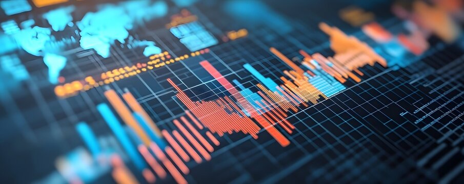 Colorful financial market analysis charts and world map are displayed