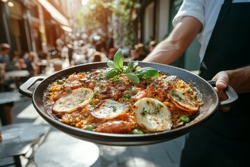 Street food restaurant waiter holding freshly cooked paella. Generative AI
